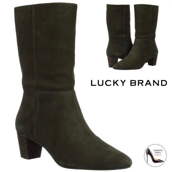 Lucky Brand Women's Zaahira Olive Suede Leather Mid Calf Boot Pointed Toe Bootie - Picture 1 of 7
